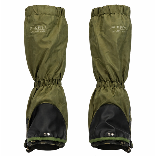 Pair of green gaiters with black soles on a white background, featuring Jack Pyke branding.