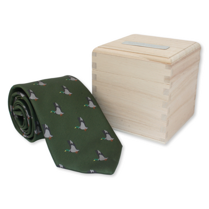 Mallard Green Or Burgundy Neck Duck Tie In Custom Wooden Gift Box