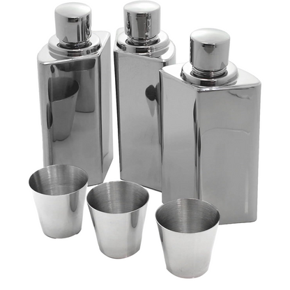 Set of 3 Hip Flask in Black Carry Case With Shot Cups