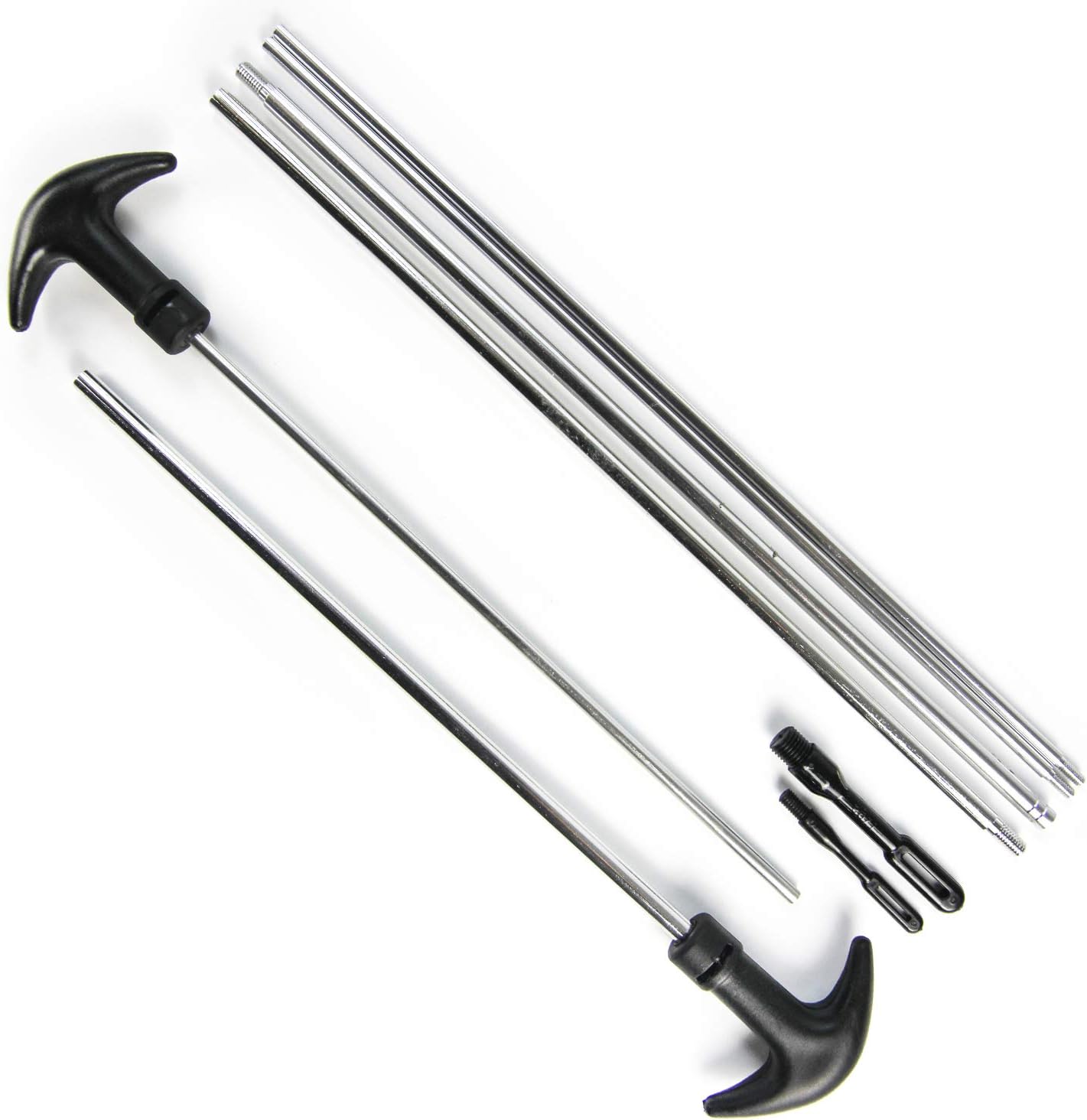 Set of metal gun cleaning tools with black handles on a white background