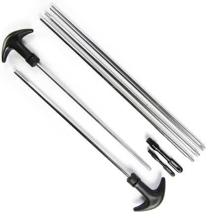 Set of metal gun cleaning tools with black handles on a white background
