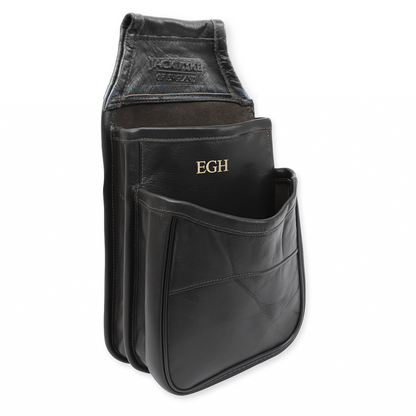 Black leather pouch with monogram 'EGH' on a white background