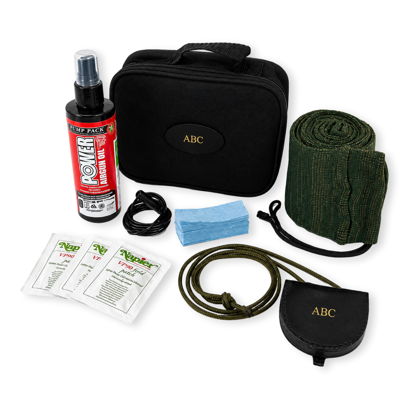 An air rifle cleaning and shooting gift set bundle on white background