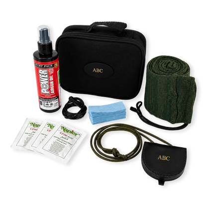 An air rifle cleaning and shooting gift set bundle on white background
