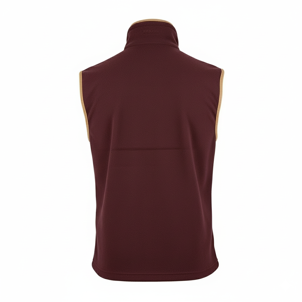 Back Of Maroon Jack Pyke Gilet with a gold trim on a white background