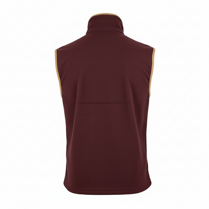 Back Of Maroon Jack Pyke Gilet with a gold trim on a white background