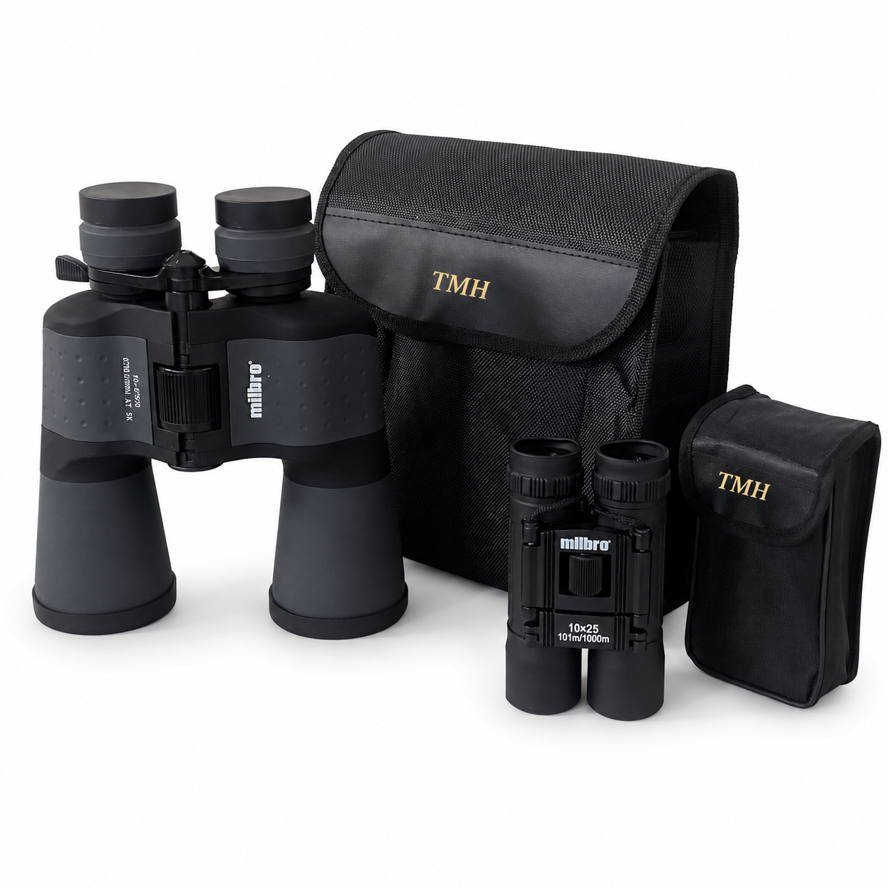 Milibru 10x25 binoculars shown with a black mesh carrying pouch, a black zip pouch, and a smaller black pouch, all on a white studio background. The binoculars are black and gray with the Milibru logo visible on the strap and front lens area.