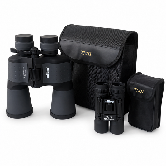 Milibru 10x25 binoculars shown with a black mesh carrying pouch, a black zip pouch, and a smaller black pouch, all on a white studio background. The binoculars are black and gray with the Milibru logo visible on the strap and front lens area.