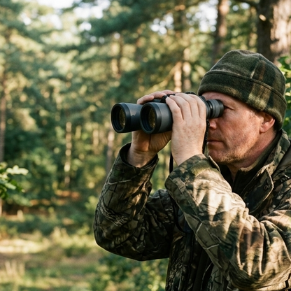 A man in camouflage clothing and a plaid beanie looks through binoculars in a forest setting.