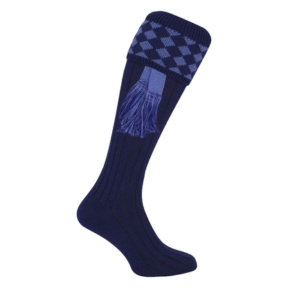 Navy blue sock with a pattern on a white background