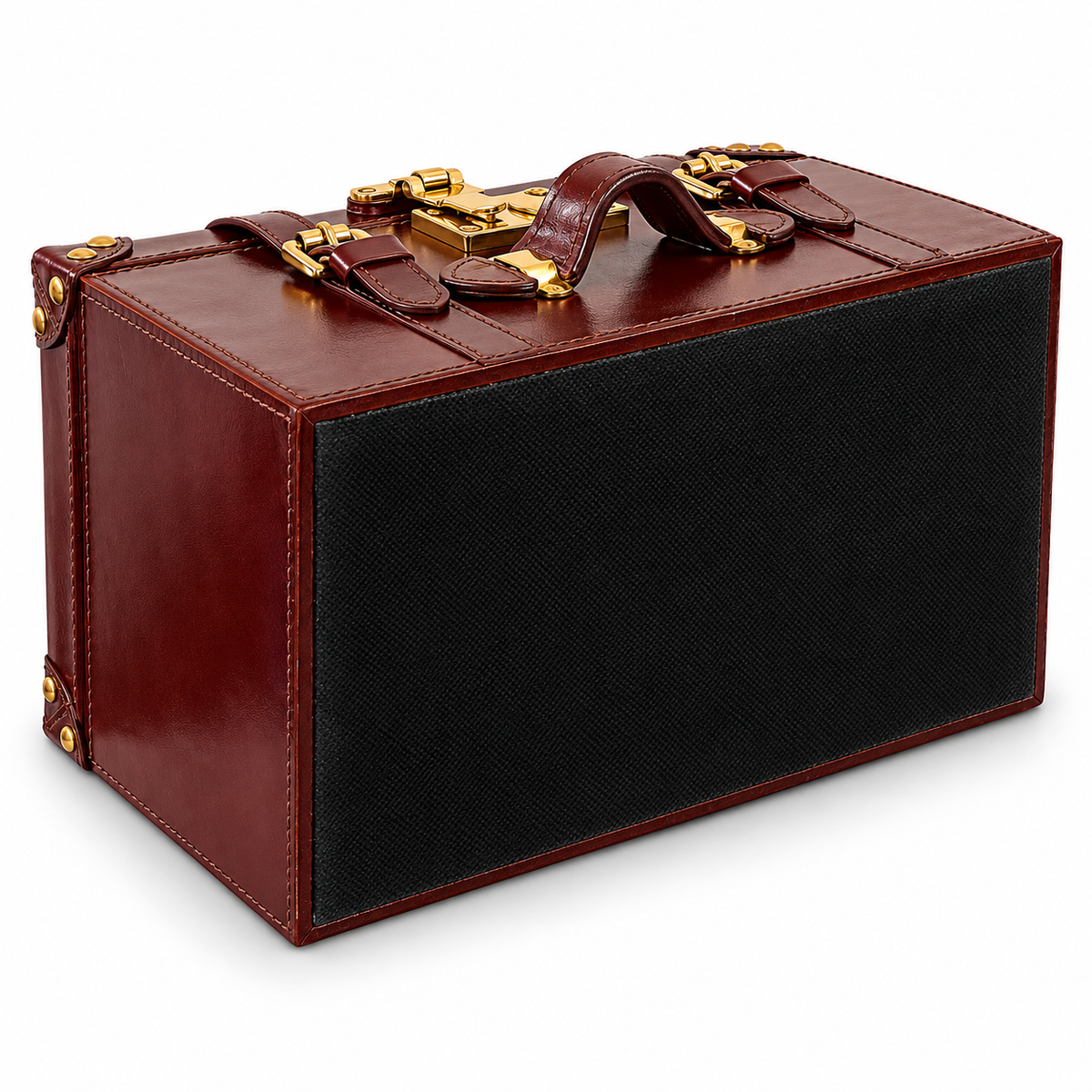 A rectangular vintage-style trunk or briefcase with dark reddish-brown leather sides, a black textured front panel, and gold-tone metal hardware, shown on a clean white background.