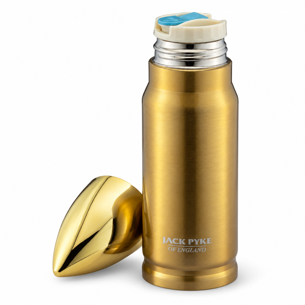 A bullet shaped vacuum-insulated flask with a matching gold screw-on lid placed beside it on a clean white background. The bottle has a silver metal neck ring and a light blue and cream flip-top lid interior visible at the top.