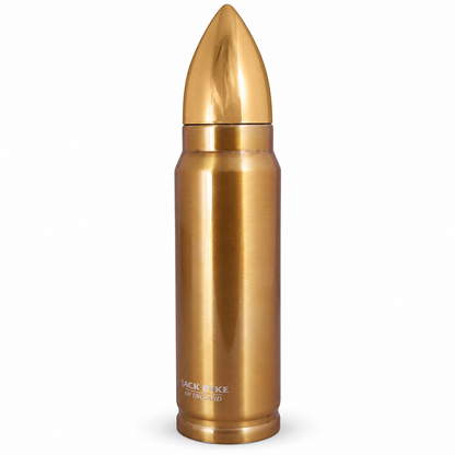 A  bullet-shaped flask with a brushed gold finish, featuring the text 'JAKC PYKE OF ENGLAND' near the base, set against a plain white background.