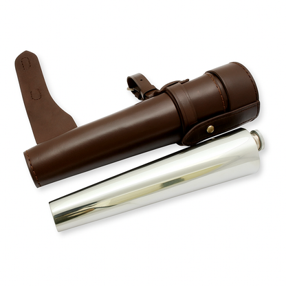 Brown leather case with a silver flask