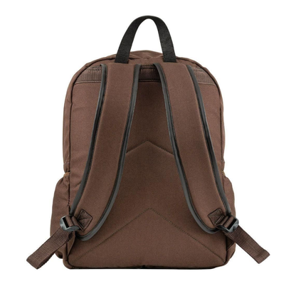 Brown backpack with black straps on a white background