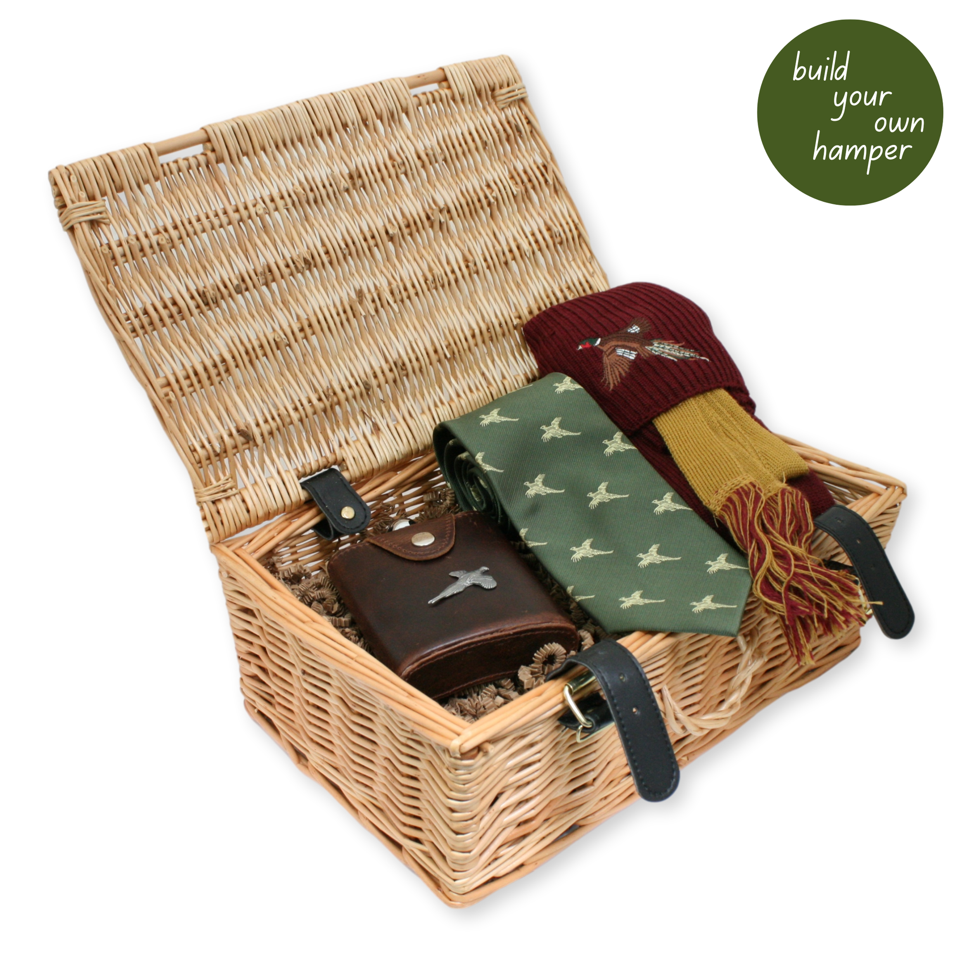 Wicker hamper with ties and a leather pouch, 'build your own hamper' text.