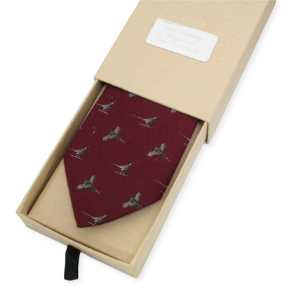 Personalised Gift Box Silk Pheasant Tie Burgundy, Mustard Or Green Colours