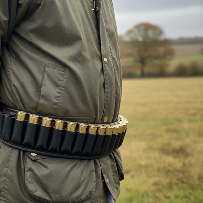 Person wearing a green jacket with a black ammunition belt holding cartridges in an outdoor setting.