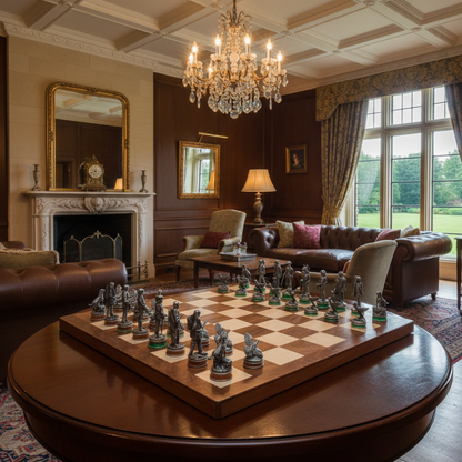 Luxurious living room with a large chessboard on a round table, elegant chandelier, and comfortable seating.