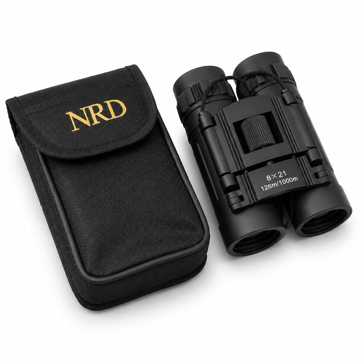Black binoculars with white '8 x 21 125m/1000m' text, shown next to a matching black zippered carrying case with gold 'NRD' lettering on a white background.