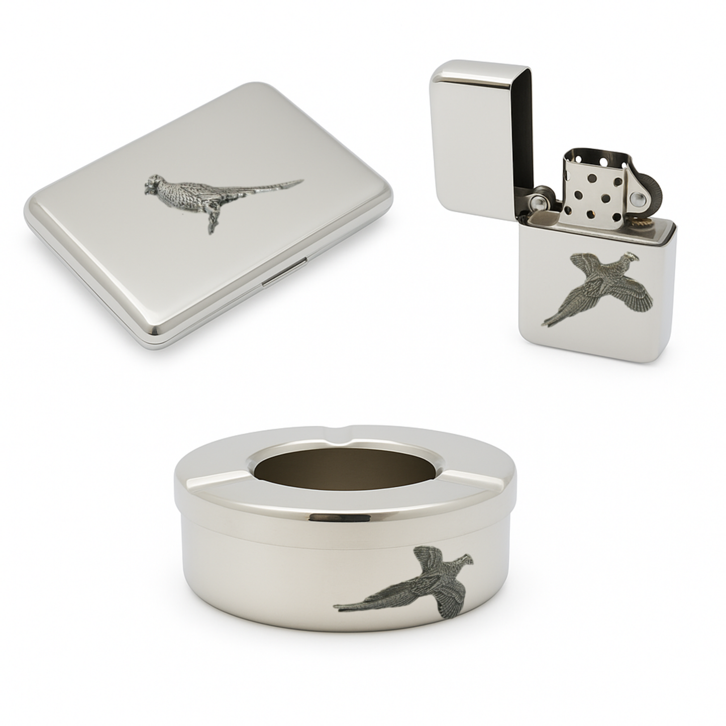 Pheasant Ash Tray, Lighter & Cigarette Case Set