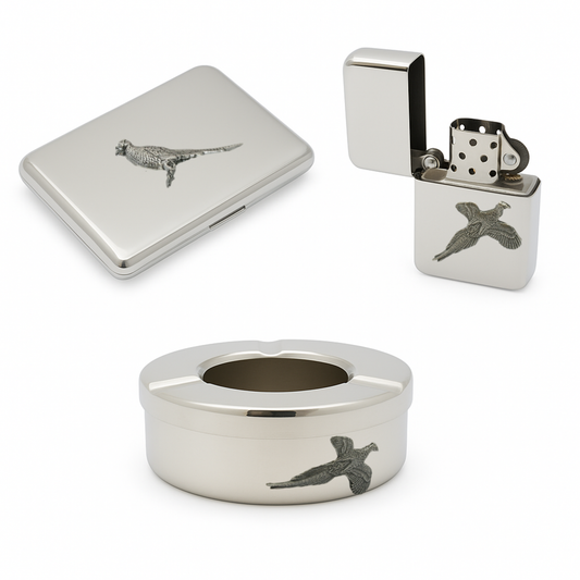 Pheasant Ash Tray, Lighter & Cigarette Case Set