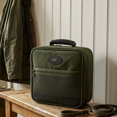 An olive green canvas travel organizer bag with a black handle and a black mesh front pocket, featuring a black oval patch with the gold letters 'ABC'. The bag is styled on a rustic wooden table next to a dark green jacket hanging on a coat rack against a white paneled wall.