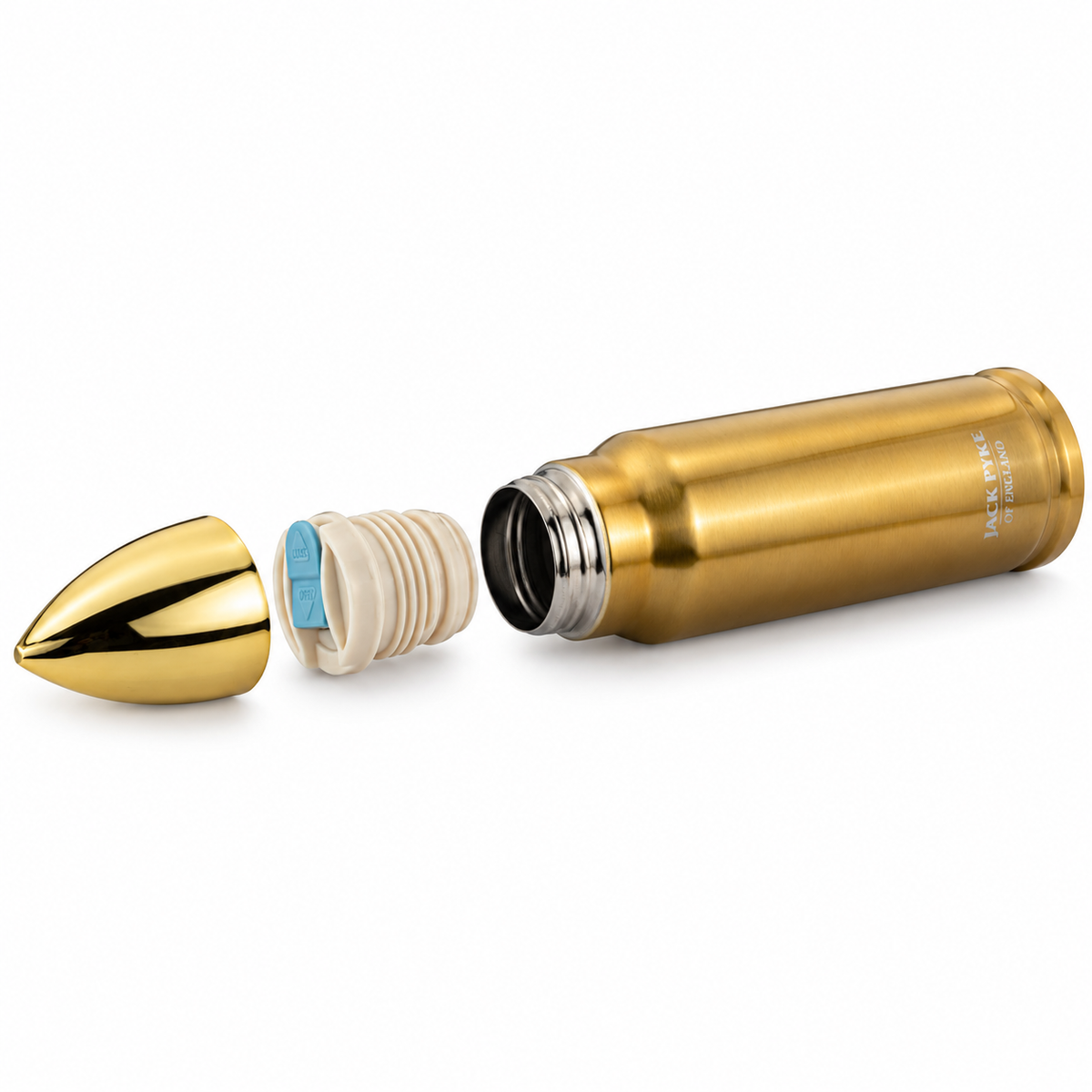 A metallic gold bullet-shaped flask shown disassembled on a white background, with the cap removed and placed beside the bottle. The bottle has a threaded neck, a silver inner rim, and a small blue insert visible inside.