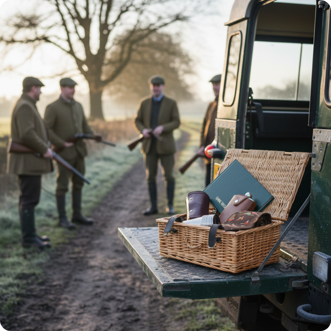 Hunters in traditional attire with shotguns, standing near a vehicle with a wicker Hamper Gift Set