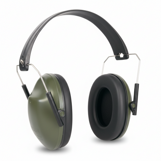 Pair of green ear protectors on a white background