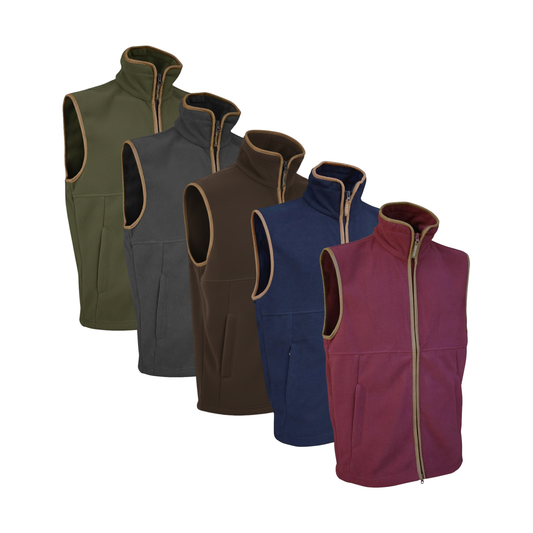 Five Jack Pyke Gilets in different colors arranged in a row on a white background