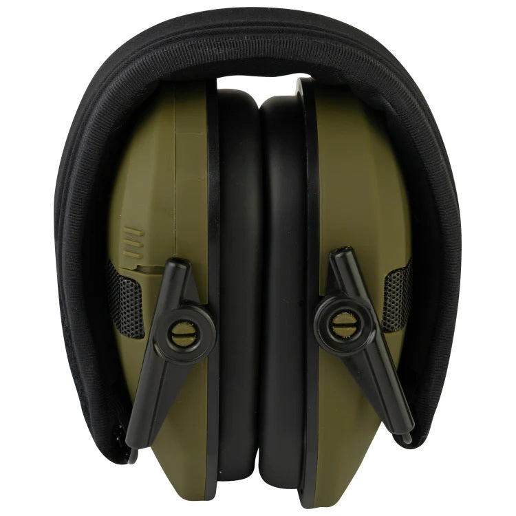 Pair of green and black ear protectors on a white background
