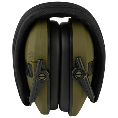 Pair of green and black ear protectors on a white background
