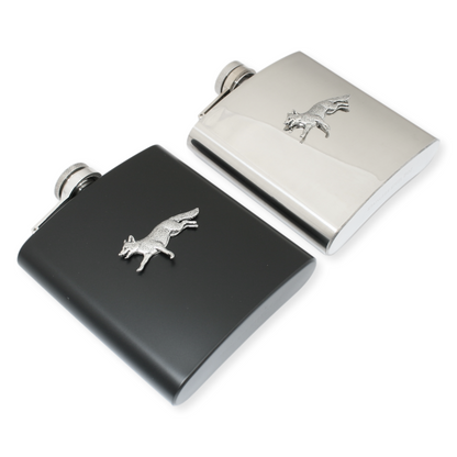 Fox Hunting Hip Flask 6oz Stainless Steel Black or Silver