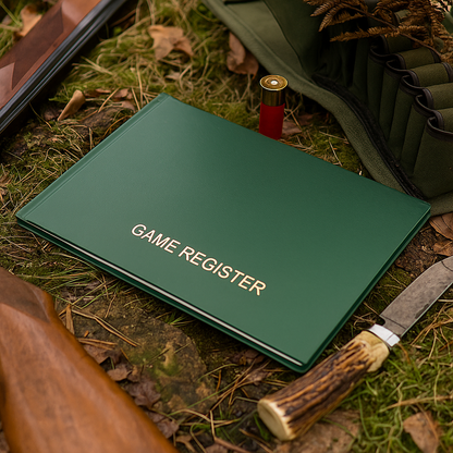 Green 'Game Register' book on grass with hunting equipment around
