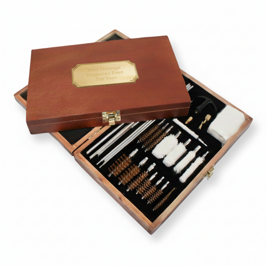 Personalised Shotgun & Air Rifle Cleaning Kit Gold Plaque Wooden Box