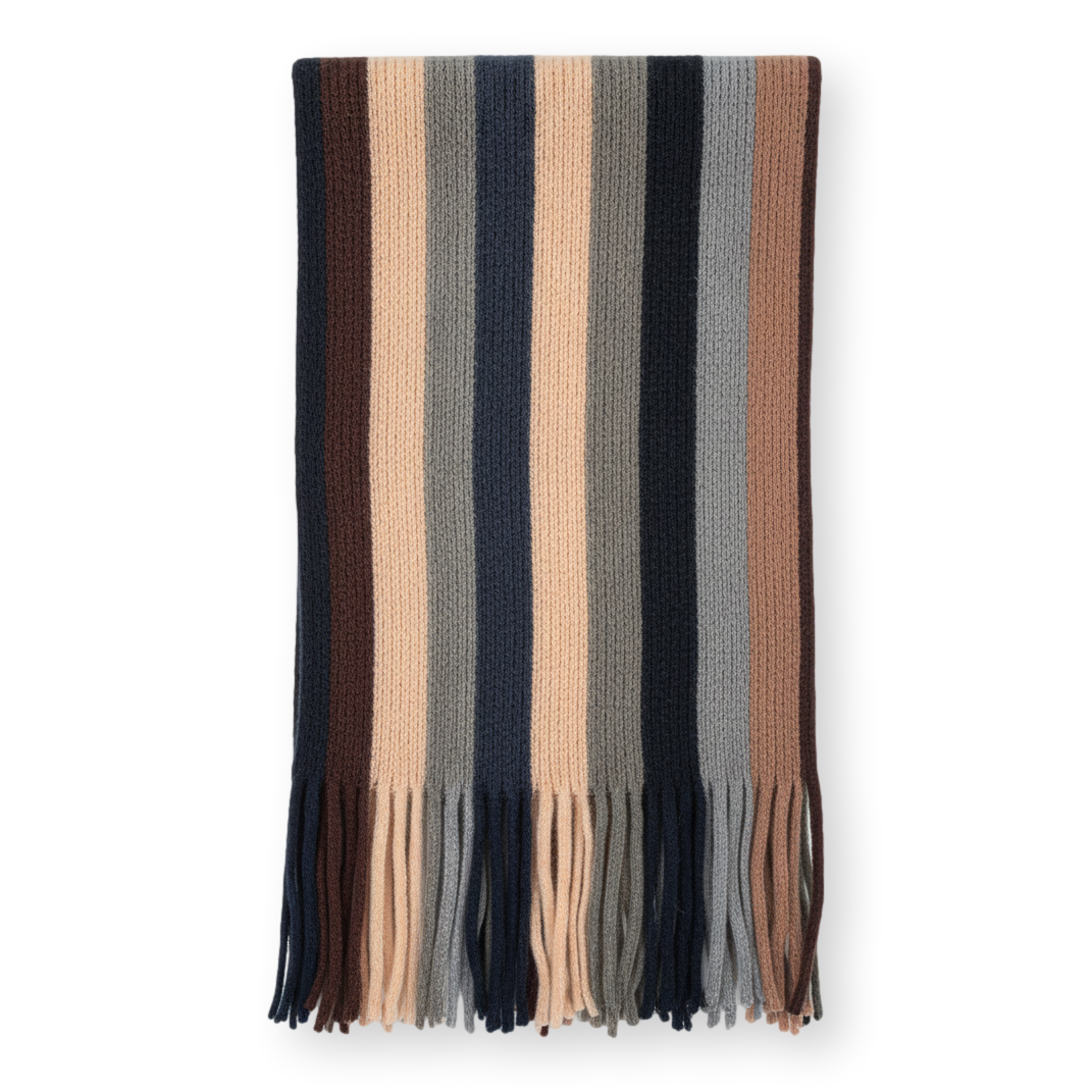 Multicoloured Striped Knitted Scarf with Fringe Detailing
