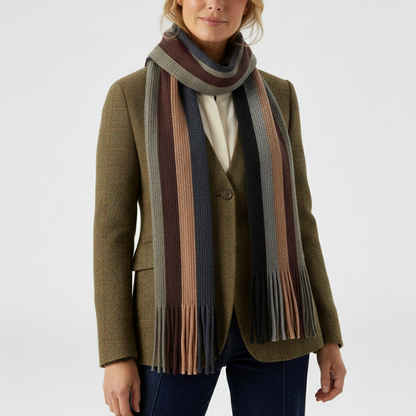 Multicoloured Striped Knitted Scarf with Fringe Detailing