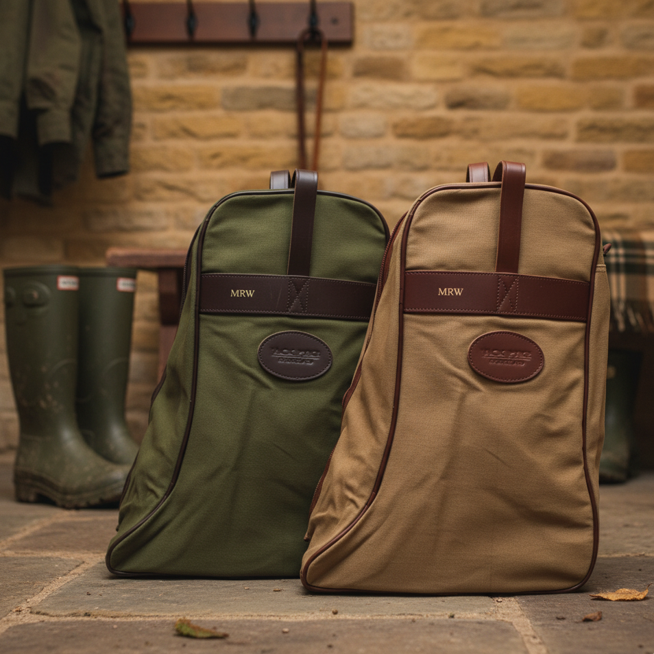 Two welly bags, one green and one brown, with leather straps and labels on a stone floor with boots and a coat in the background.