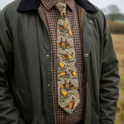 Luxury Brown Tweed Pheasants Tie Check Pattern Shoot Day Tie
