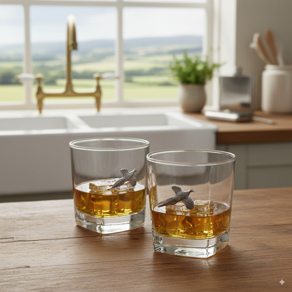 Pair Of Whiskey Glass Tumblers With Pewter Pheasants