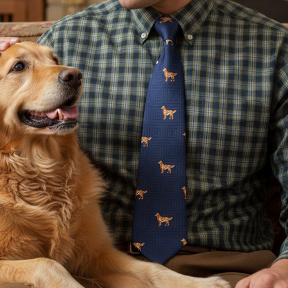 Man wearing a blue tie with dog patterns sitting next to a golden retriever.