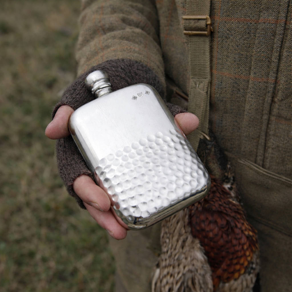 Pewter Half Hammered Hip Flask Game Shooting