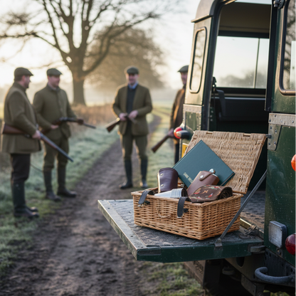Men in hunting attire with rifles near a vehicle with a picnic basket on a path.