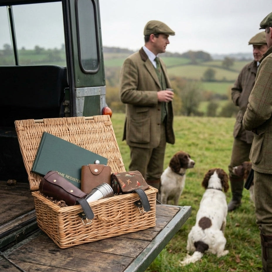 Wicker picnic basket with leather items on a vehicle bed, men and dogs in a field