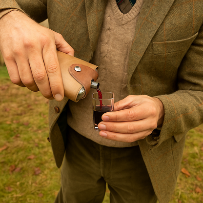 Person in a brown coat pouring liquid from a leather flask into a glass outdoors.
