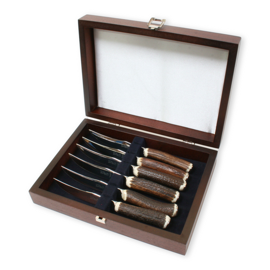 Stag Antler Steak Knives Set Of 6 In Wooden Box