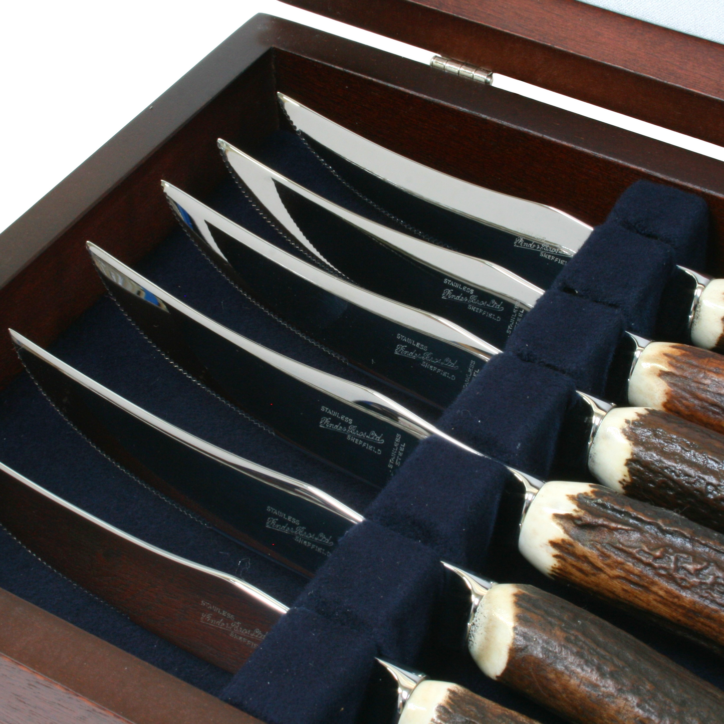 Stag Antler Steak Knives Set Of 6 In Wooden Box