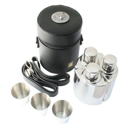 Set of 3 Hip Flask in Black Carry Case With Shot Cups