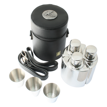 Set of 3 Hip Flask in Black Carry Case With Shot Cups